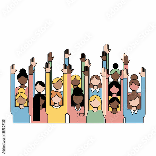 A diverse group of women raising their hands in unison, symbolizing participation and community.