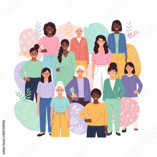 Diverse group of women of various ages and ethnicities standing together, celebrating unity and community.