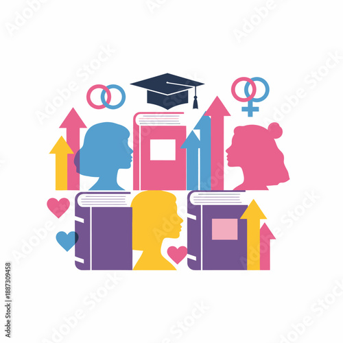 Illustration depicting gender equality, education, and personal growth with diverse silhouettes, books, and upward arrows.