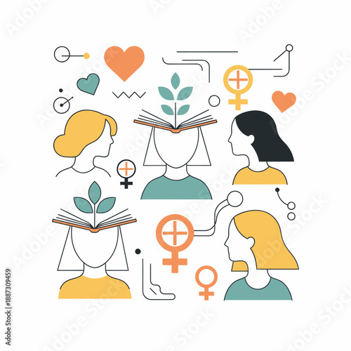 Abstract line art illustration depicting women, education, growth, and empowerment with various symbolic elements like books, plants, and gender symbols.