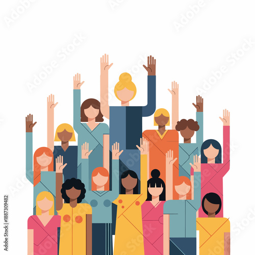 A diverse group of women with various skin tones and hair colors raising their hands in a flat graphic illustration, symbolizing unity and participation.