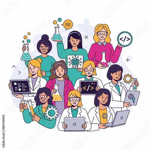Diverse group of women in STEM fields, holding lab equipment, laptops, and tablets, representing science, technology, engineering, and mathematics professions.