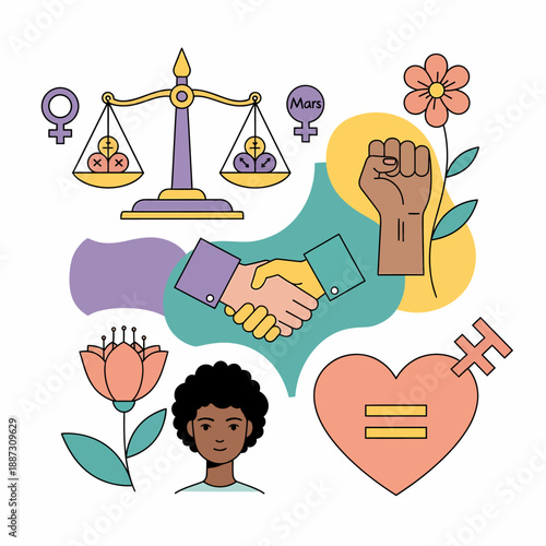 Gender equality and diversity concept with symbols of justice, solidarity, and inclusion.
