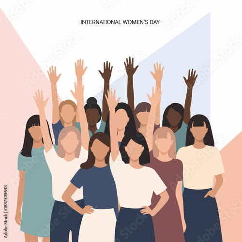 A diverse group of women raising their hands in celebration of International Women's Day, symbolizing unity and empowerment.