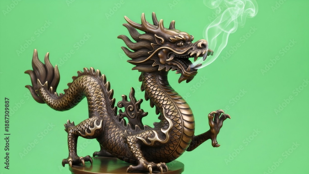 Fototapeta premium Dragon incense burner exhaling smoke on a green chroma key background for digital editing. Mythical creature decor and aromatherapy. Chromakey.