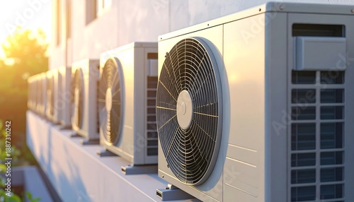 Air Conditioning Units on Building Exterior with Sunlight.