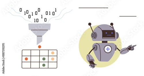 Artificial intelligence, data analysis, machine learning, automation, robotics, programming. A robot and binary data processed into categories. Artificial intelligence and data analysis concept