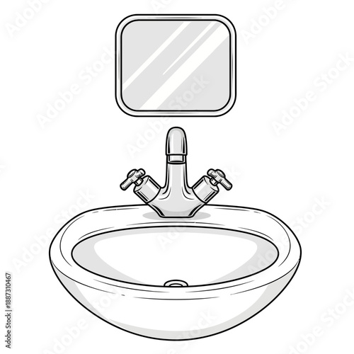 Bathroom sink with faucet and mirror, clean white ceramic basin, modern design