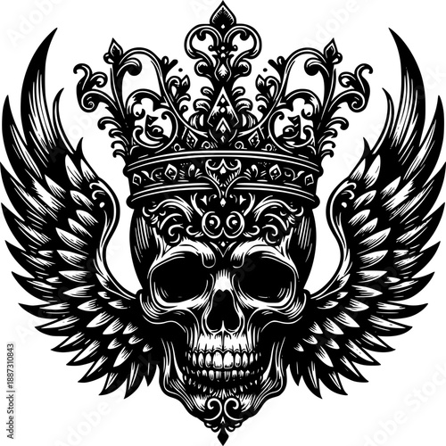 Skull with Crown and Wings: A detailed illustration features a skull adorned with an intricate crown and majestic wings, creating a powerful emblem of mystique and symbolic depth.