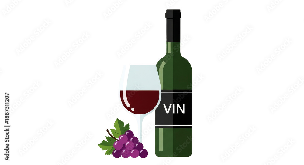 Obraz premium Wine Tasting Essentials: An elegant bottle and glass of rich red wine sit beside a cluster of grapes, portraying the quintessential elements of wine tasting