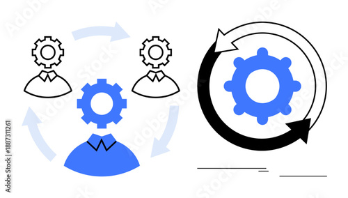 Connected gears inside human icons with circular arrows depicting teamwork, process optimization, and efficient workflows. Ideal for collaboration, management, automation, team dynamics