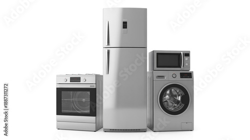 Modern silver household appliances set including refrigerator, oven, washing machine, and microwave