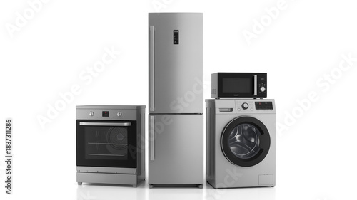Contemporary home appliances collection: refrigerator, oven, washing machine, and microwave