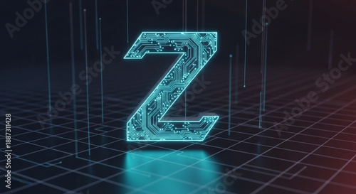 Z Alphabet Monogram with Glowing Cyan Circuit Lines and 3D Digital Grid