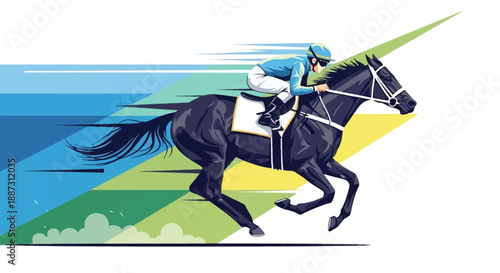 Dynamic horse racing illustration with jockey in flat vector style. Features motion blur lines and clean composition. Perfect for modern sports poster design and branding