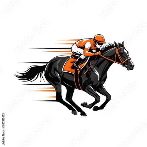 Minimalist horse racing illustration featuring speed motion lines. Clean silhouette of jockey sprinting. Professional vector isolated on white for tech and sports apps
