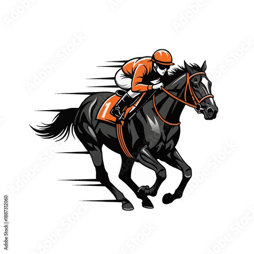 Flat vector of racing horse and jockey in full sprint. Dynamic motion silhouette with bold black and orange accents. Modern sports logo design for professional branding