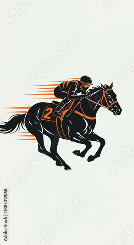 Modern horse racing vector logo featuring bold silhouette and speed lines. High-quality flat design with orange accents for sports marketing and professional branding projects