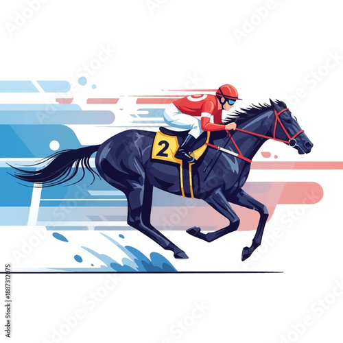 Modern flat vector of jockey and racing horse. Dynamic motion lines for a sense of speed. Clean composition ideal for sports event posters, web banners, and branding