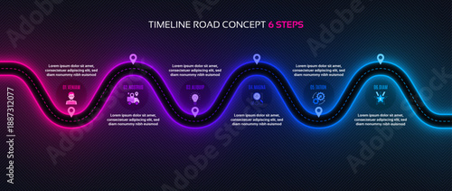 Timeline infographic 6 steps timeline concept. Winding road.