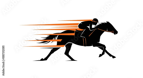 Powerful racing horse silhouette with jockey. Modern flat vector design with clean lines and dynamic motion effects. High-quality sports branding illustration for professional use