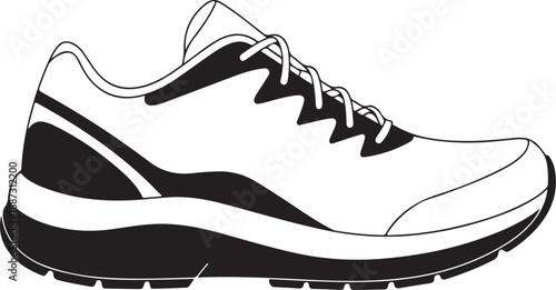 Black and white line of a modern athletic running shoe athletic shoe footwear