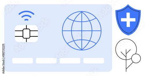 Digital security, global connectivity, healthcare, sustainability, technology, communication. A chip, globe shield and tree icons arranged on a clean layout. Digital security and global
