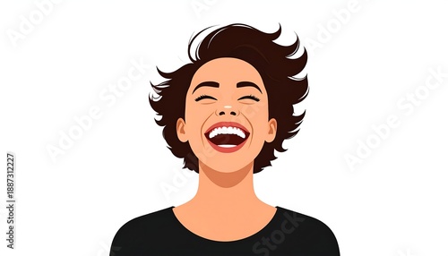 A vibrant illustration of a woman laughing joyfully with her eyes closed.