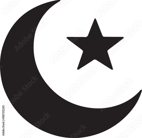 Black crescent moon and five pointed star on white background Islamic symbol celestial