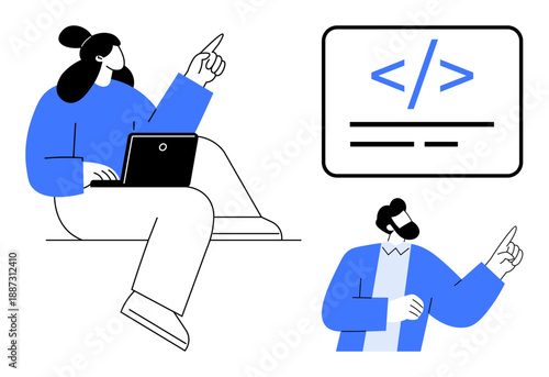 Software development, teamwork, coding skills, programming education, digital innovation, technology collaboration. Two people discussing code with a laptop and coding symbols. Software development