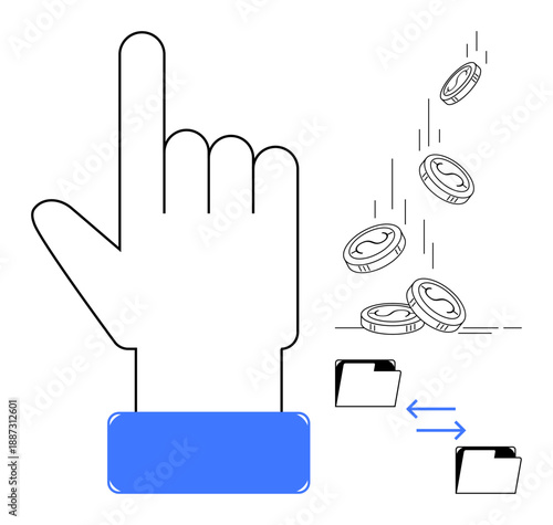 Financial technology, online payment, e-commerce, digital transactions, peer-to-peer sharing, data transfer. Hand pointing upward, falling coins and file exchange folders. Financial technology
