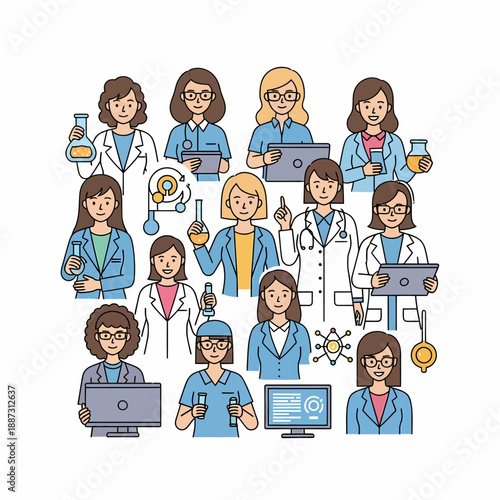 A group of diverse women scientists and professionals in various STEM fields, holding lab equipment and technology, in a flat illustration style.