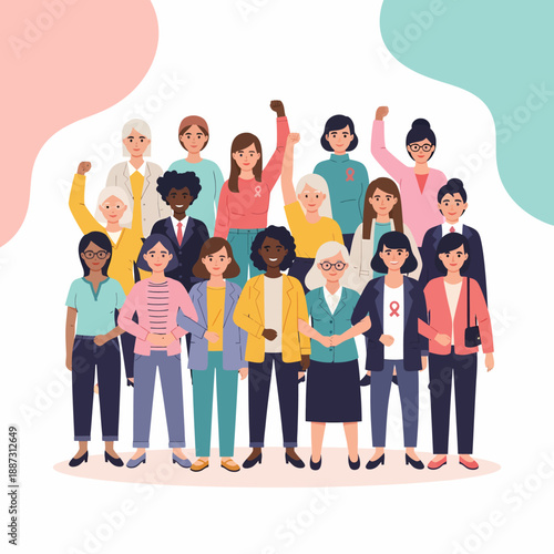 Diverse group of women standing together, some raising fists in solidarity, representing women's empowerment and community.