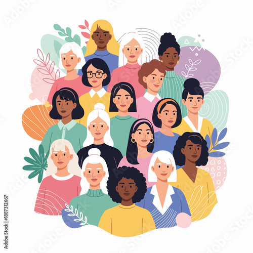 A diverse group of women with various skin tones and hairstyles, surrounded by abstract leaves and shapes, representing unity and diversity.