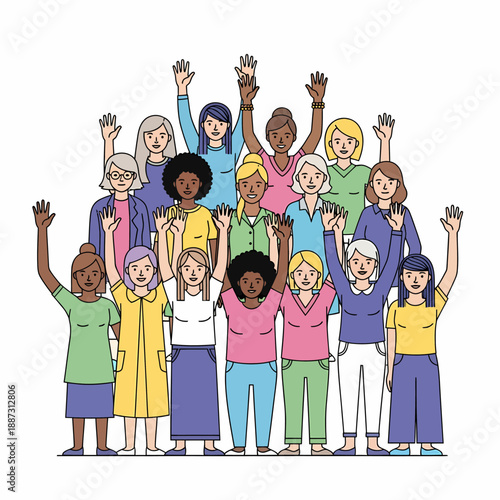 A diverse group of women of various ages and ethnicities raising their hands in a gesture of solidarity and empowerment.