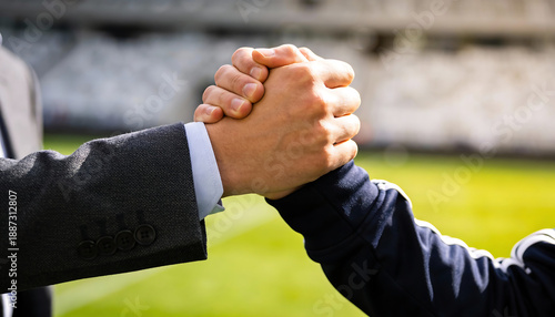 Supportive hand clasp between two people on sunny sports stadium field teamwork trust partnership and motivation concept with copy space