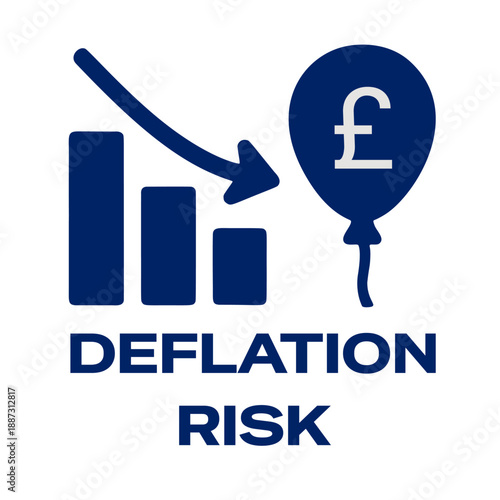A clean and minimalist flat design illustration depicting deflation risk with a downward chart, a deflation risk word and a balloon with a pound symbol, suitable for financial and economic concepts.
