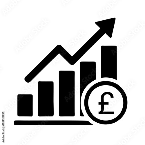 A simple and clean minimalist silhouette illustration of a bar chart with an arrow pointing upwards, accompanied by a pound sign symbol. Representing business growth, financial success, investment