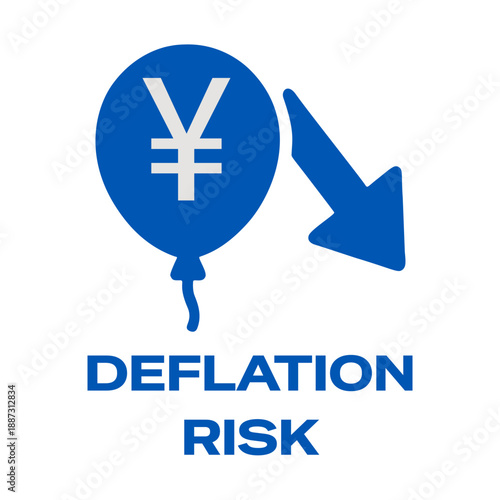 Illustration of yen currency sign on balloon with downwards arrow representing deflation risk in economics, isolated on white background. Concept for financial crisis and business failure.