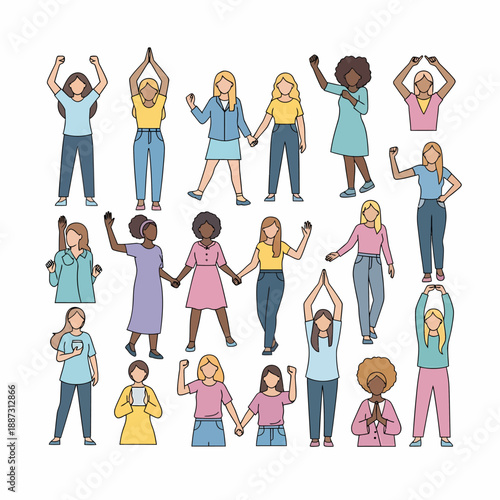 A diverse group of women of various ethnicities and ages standing together in a celebratory and empowering pose.