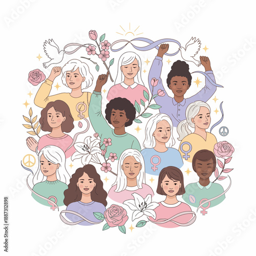 A diverse group of women of different ages and ethnicities stand together in solidarity, symbolizing unity, strength, and empowerment.