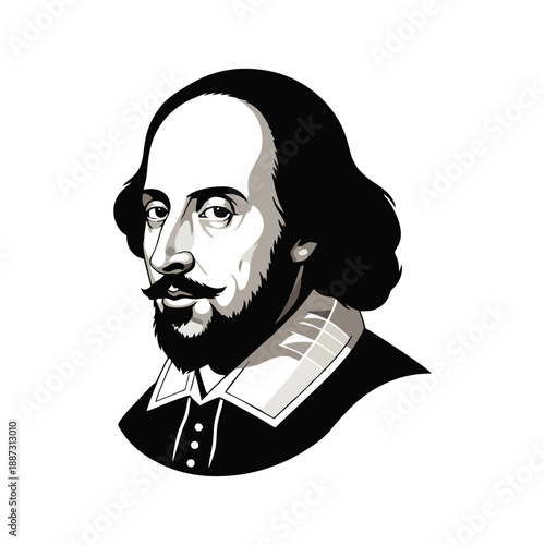 Monochrome illustration of William Shakespeare in profile with a white background.