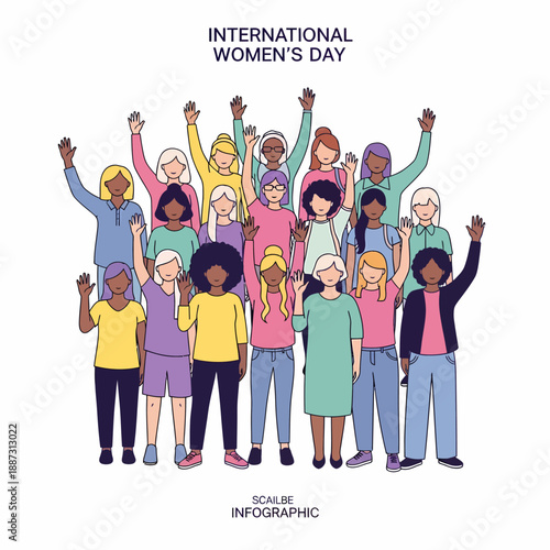 A diverse group of women of various ethnicities and ages are shown celebrating International Women's Day with raised hands.
