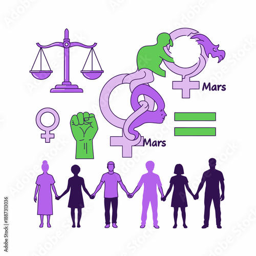 Illustration depicting gender equality symbols, including Venus symbols, scales of justice, a raised fist, and diverse people holding hands.