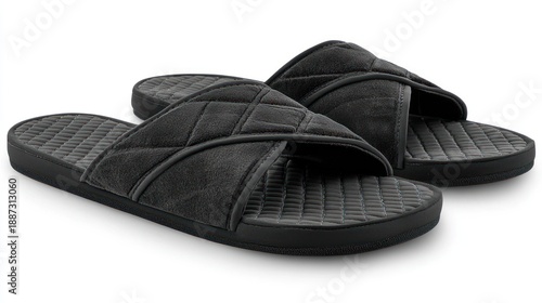 Black quilted slides on white background; summer footwear