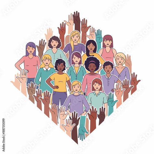 A diverse group of women of various ethnicities and ages raising their hands in a diamond formation, symbolizing unity and participation.