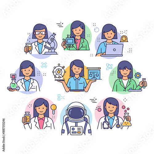 A collection of diverse female professionals in science, technology, engineering, and medicine, depicted as colorful cartoon icons.