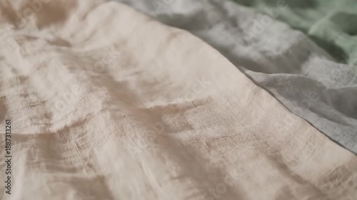 Ethereal Fabric Drift An overhead, camera-locked shot capturing the very slow, graceful, and subtle drifting and settling of a large, lightweight piece of natural fabric (e.g., chiffon, fine linen).