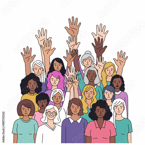 A diverse group of women from various backgrounds raising their hands in unity and participation, symbolizing community and empowerment.