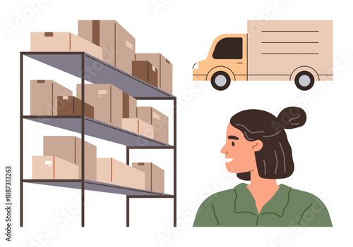 Logistics, supply chain, delivery services, warehouse management, e-commerce, shipping. Shelves filled with boxes, woman in profile and a delivery truck. Logistics and supply chain